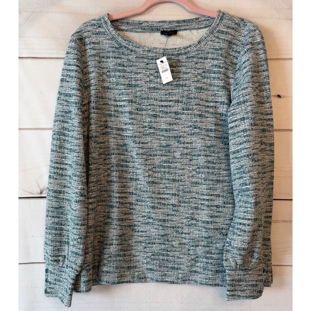 Talbots Womens Teal Textured Space Dye Knit Button Cuff Top Large NEW
